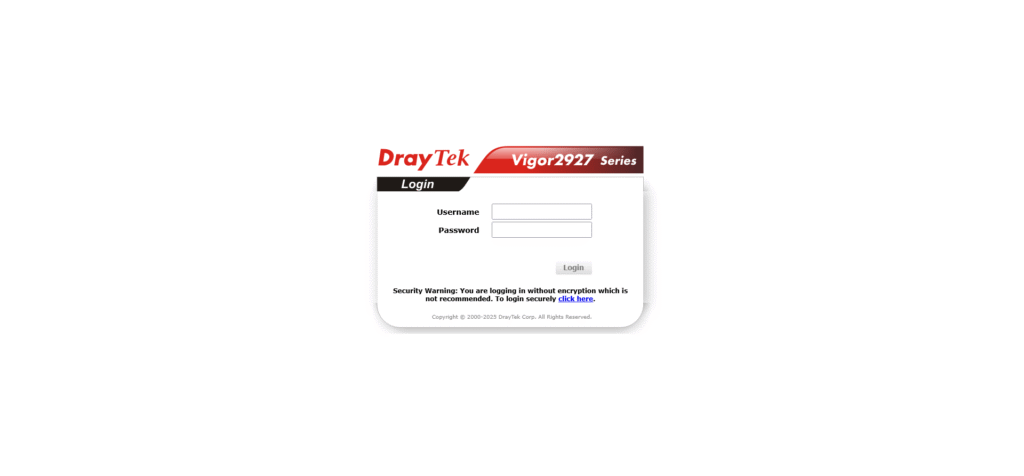 DrayTek Vigor 2927 login screen for starting the draytek voip qos setup.
