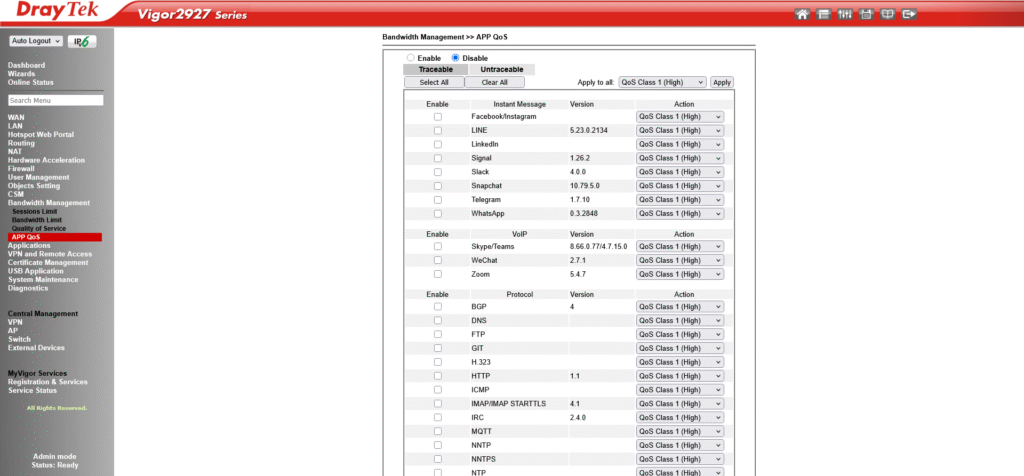 DrayTek Vigor 2927 App QoS page showing service types including VoIP options for class-based setup.