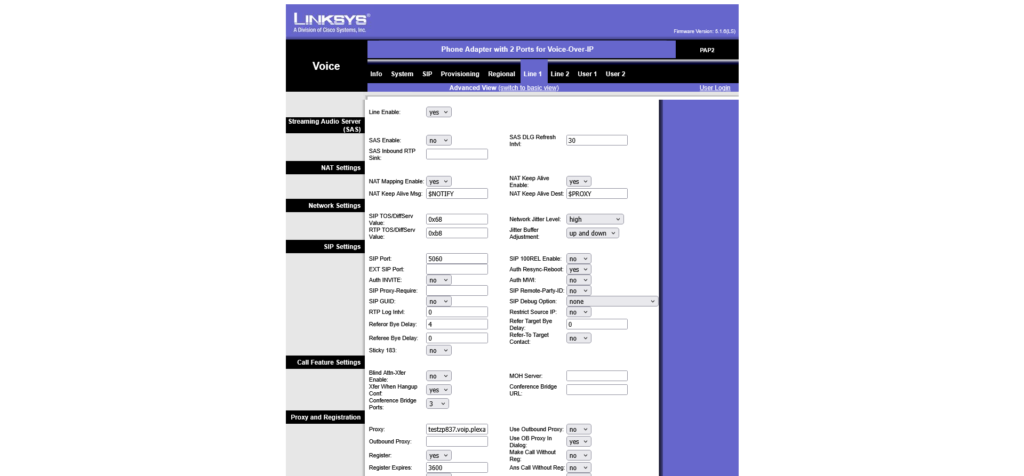 Configure a Linksys PAP2T - proxy settings under line 1